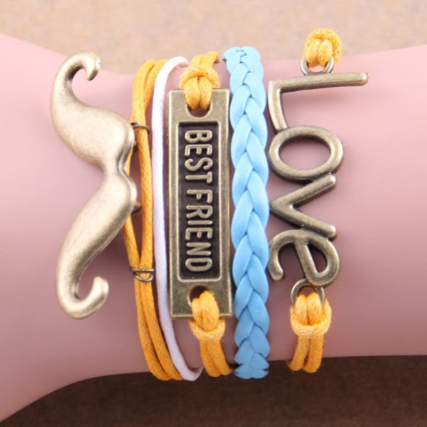 Gold Mustache bracelet Best Friend bracelet Love Bracelet Yellow cord bracelet Blue Braid leather bracelet - Mud And Majesty