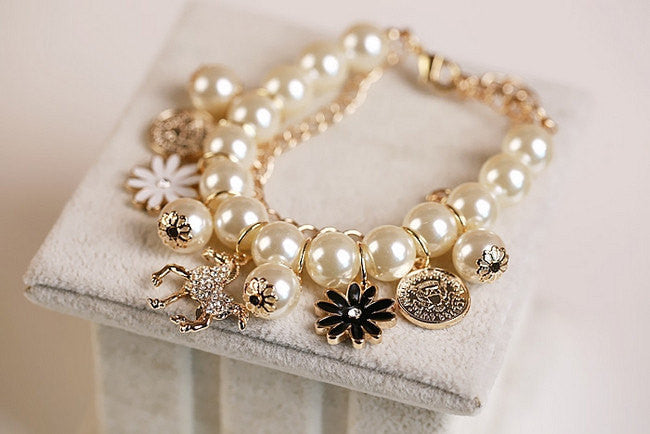 Elegant Charm Daisy Rhinestone Horse Coins Multi-element Pendant Pearl Bracelet Mothers Day gift, sweetheart gift jewelry local US seller - Mud And Majesty