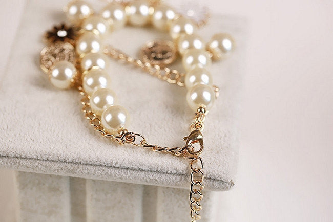 Elegant Charm Daisy Rhinestone Horse Coins Multi-element Pendant Pearl Bracelet Mothers Day gift, sweetheart gift jewelry local US seller - Mud And Majesty