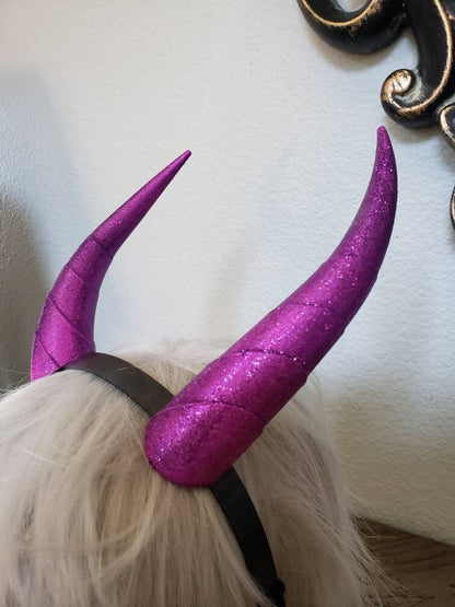 Fantasy Deanerys Dragon inspired 3d printed Fuscia glitter horns on headband Larp costume addition beast horns lizard horns