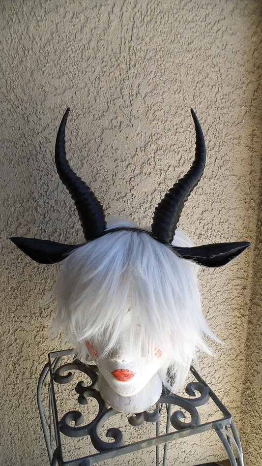 Gazelle horned headband with ears combo Elvish Larp headdress black animal horns 3D print - Mud And Majesty