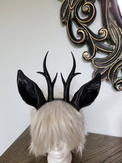 Jackalope ears and Antlers fantasy costume black animal ears- horns cosplay fantasy rabbit ears and horns - Mud And Majesty