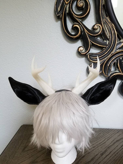 Jackalope ears and Antlers fantasy costume black animal ears- horns cosplay fantasy rabbit ears and horns - Mud And Majesty