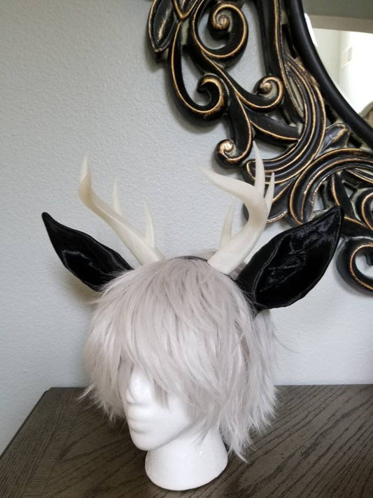 Jackalope ears and Antlers fantasy costume black animal ears- horns cosplay fantasy rabbit ears and horns - Mud And Majesty