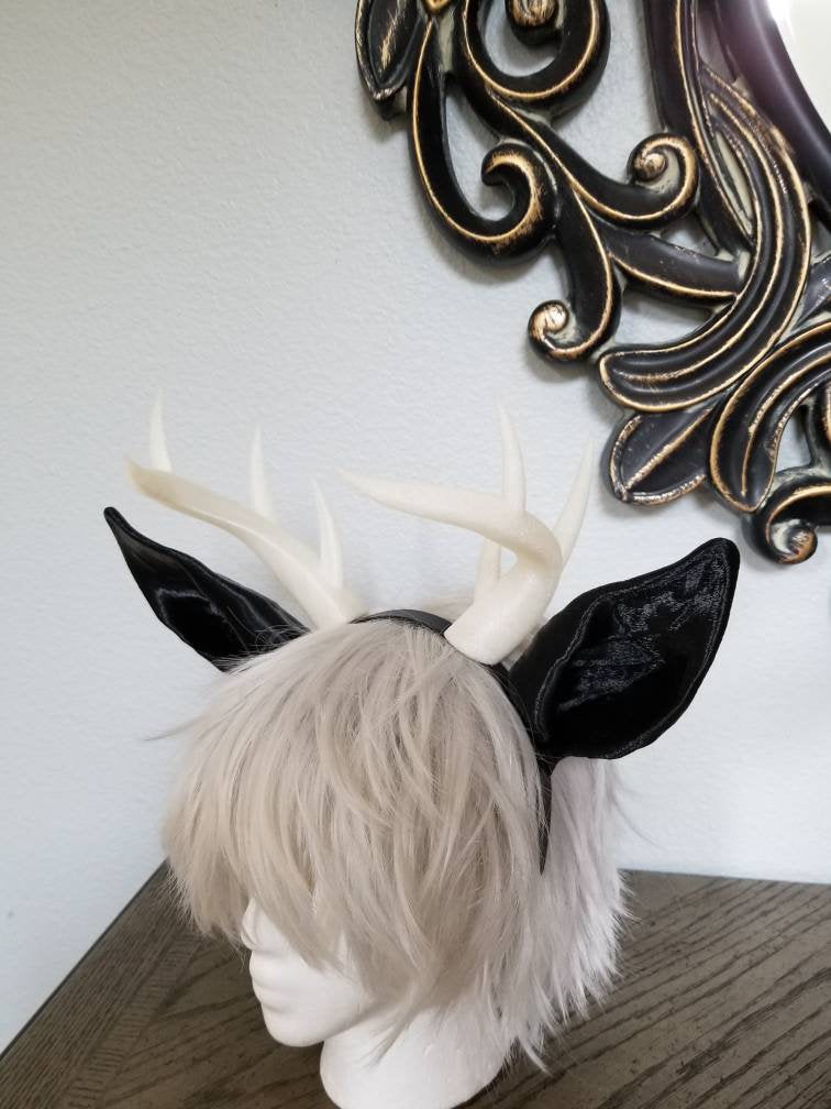 Jackalope ears and Antlers fantasy costume black animal ears- horns cosplay fantasy rabbit ears and horns - Mud And Majesty