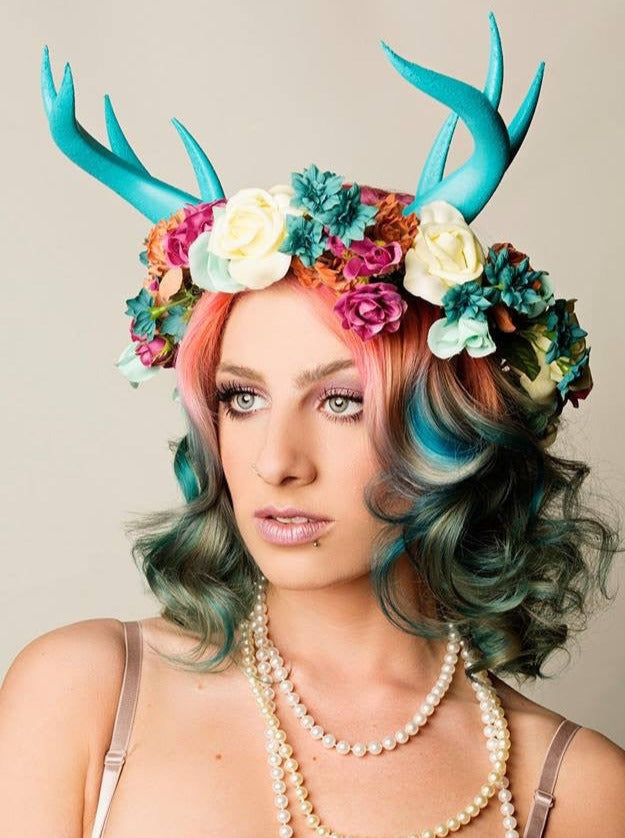 Aqua- Doe/Deer Antlers Horns  3D Printed (Ultra Light Weight Plastic) Blue Reindeer Antlers Reindeer headdress - Mud And Majesty