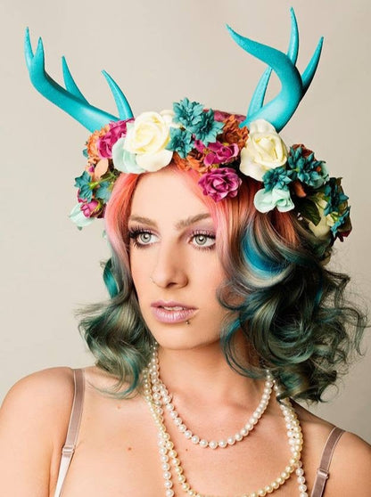 Aqua- Doe/Deer Antlers Horns  3D Printed (Ultra Light Weight Plastic) Blue Reindeer Antlers Reindeer headdress - Mud And Majesty